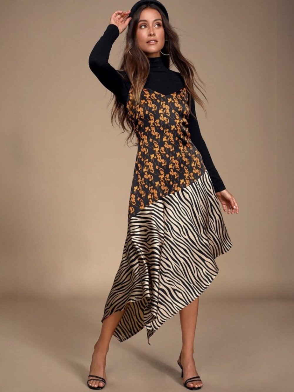 Lulus Gold Mine Black Multi Print Satin Asymmetrical Midi Dress NWT - Picture 4 of 10